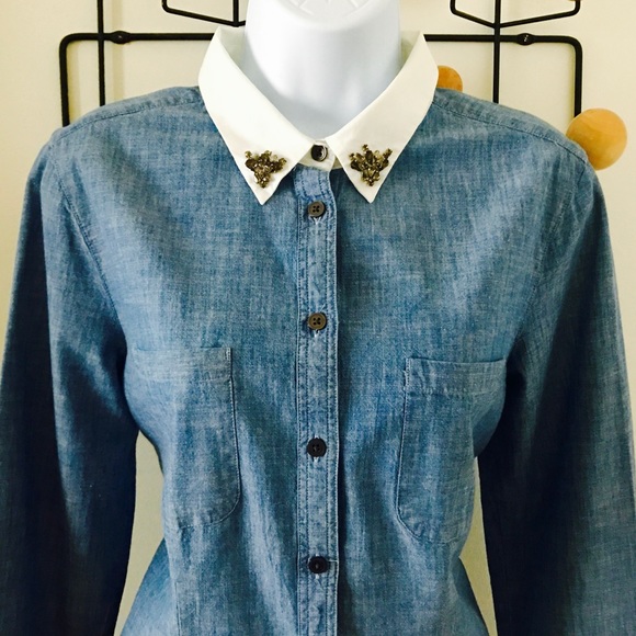 Ann Taylor LOFT chambray embellished collar shirt - Picture 3 of 7